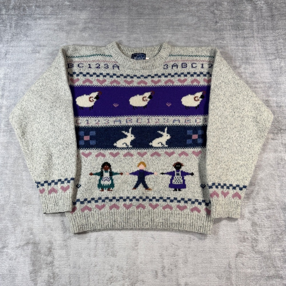 Woolrich Sweater Women XL Gray Wool Blend Intarsia Sheep Bunny Vintage 90s Knit